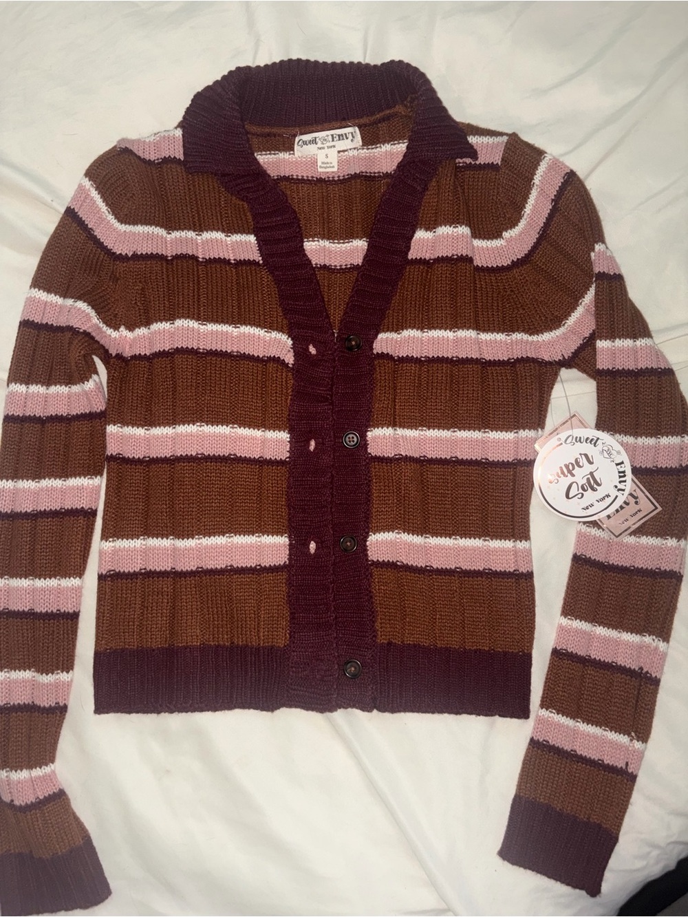 Striped Button-Up Sweater Cardigan - Brown & Pink